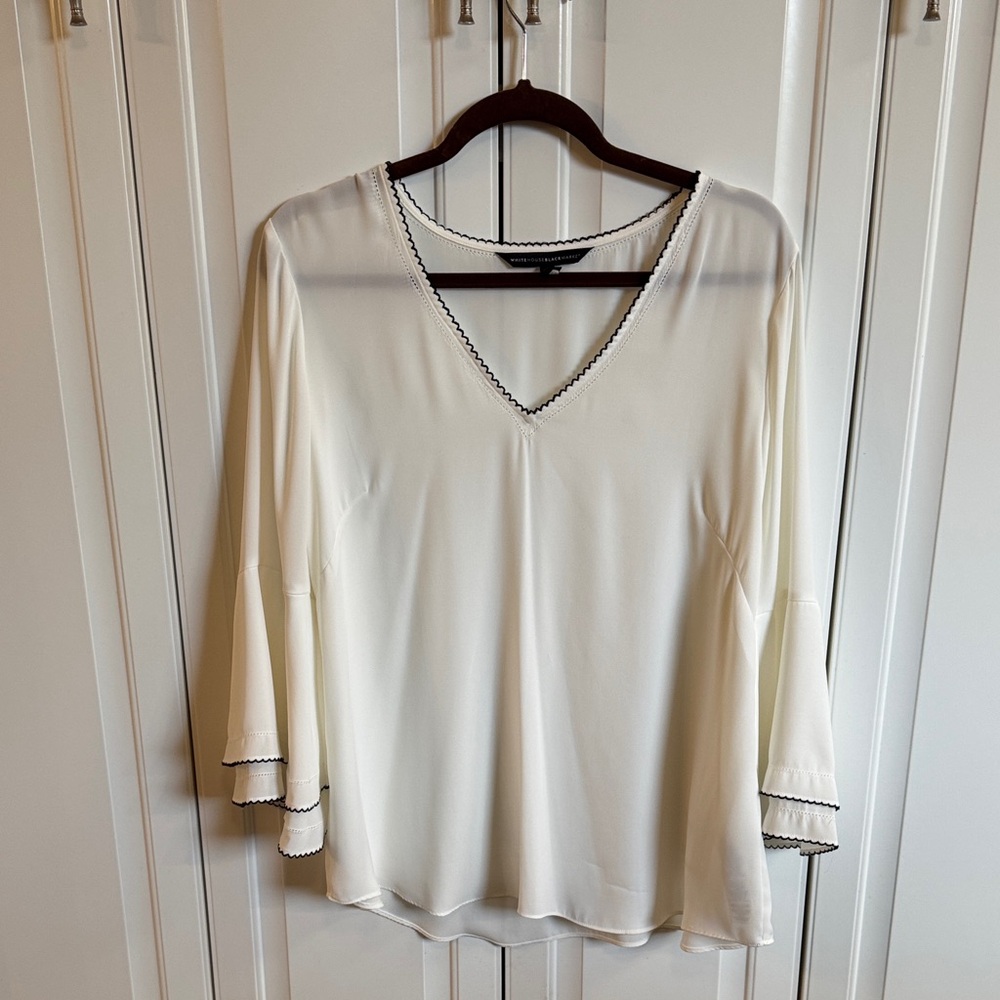 White House Black Market Cream V-Neck Bell Sleeve Blouse with Black Trim
